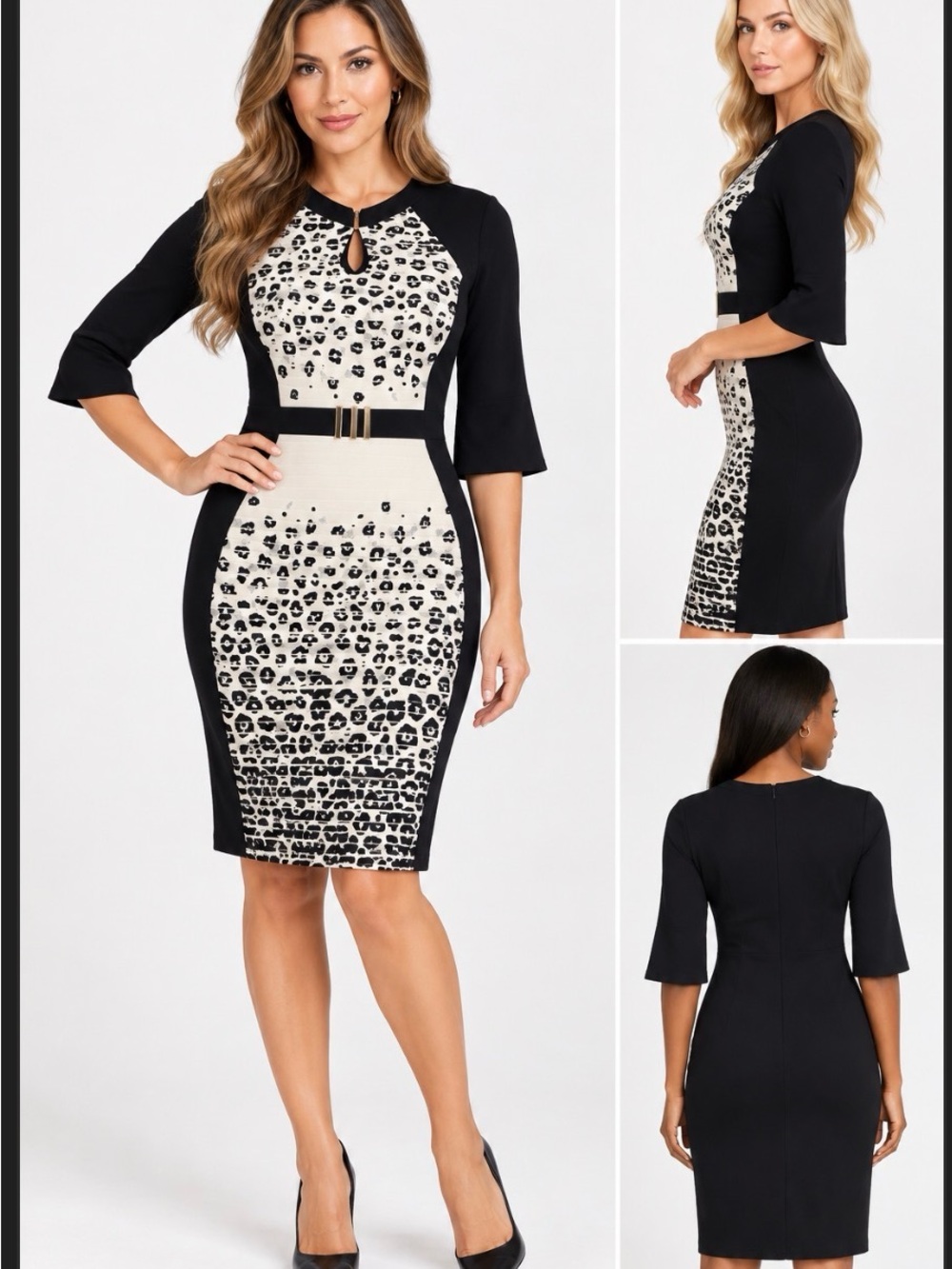 Joseph Ribkoff Black & Cream Animal Print Sheath Dress Size 6